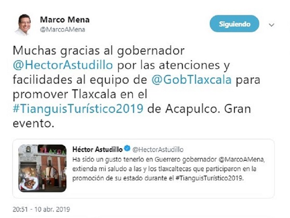 Agradece Marco Mena a su homólogo de Guerrero respaldo para promover a Tlaxcala en el tianguis turístico
