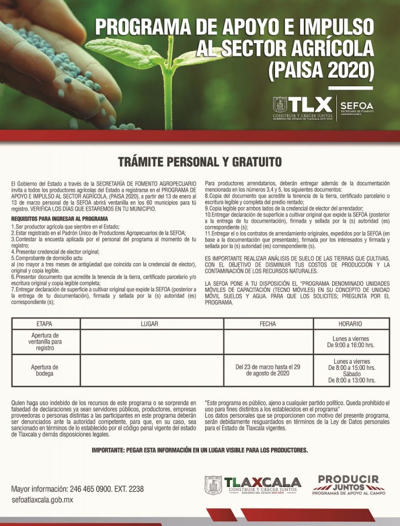 Desde Tlaxcala: Inicia Sefoa inscripción al programa de semillas y fertilizantes 2020