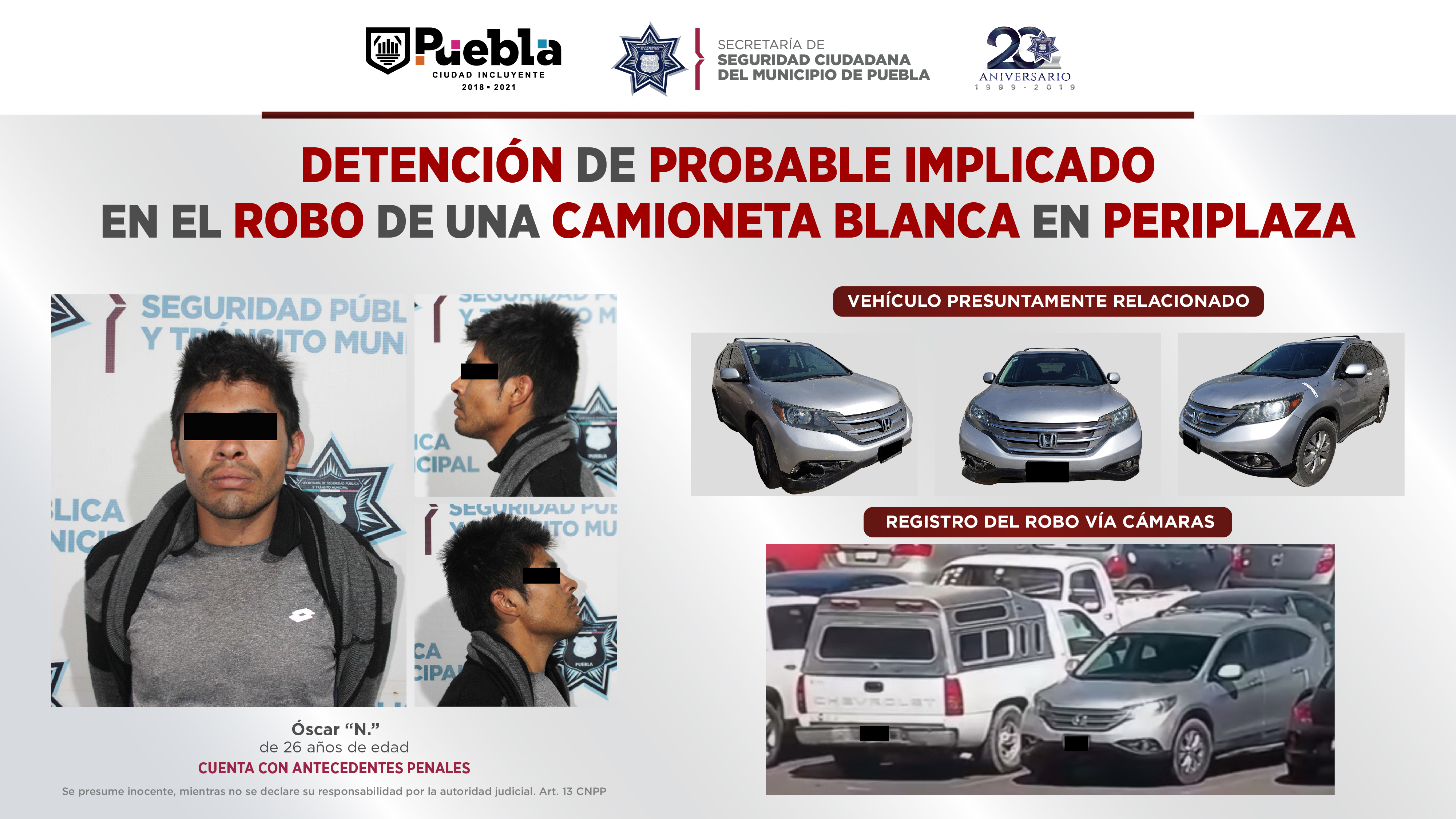 Detuvo SSC de Puebla a hombre presuntamente implicado en robo de una camioneta que en periplaza.