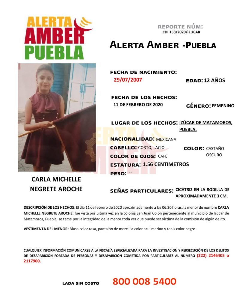 Fiscalía de Puebla activó Alerta Amber para localizar a menor de 12 años