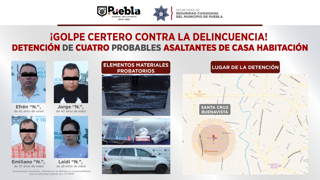 Golpe certero contra la delincuencia! Detuvo SSC de Puebla a cuatro probables asaltantes de casa habitación.
