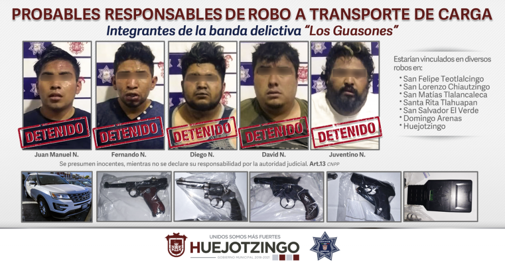 Detiene Policía Municipal de Huejotzingo a integrantes de banda dedicada al robo de transporte de carga