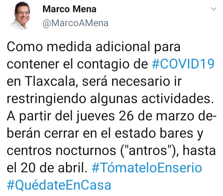 Anuncia Marco Mena cierre de bares y centros nocturnos como medida adicional por COVID-19.