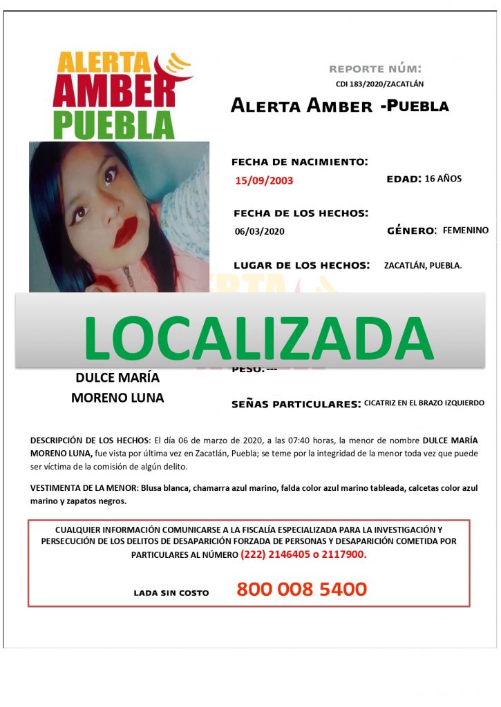 Fiscalía de Puebla localiza ilesa a Dulce María; desactiva Alerta Amber