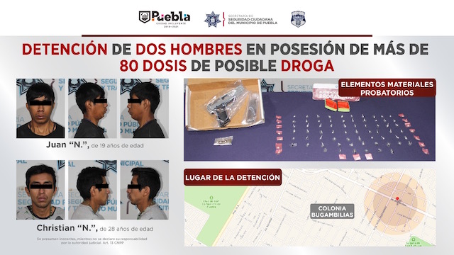Aseguró policía municipal de Puebla más de 80 dosis de posible droga; hay dos hombres detenidos