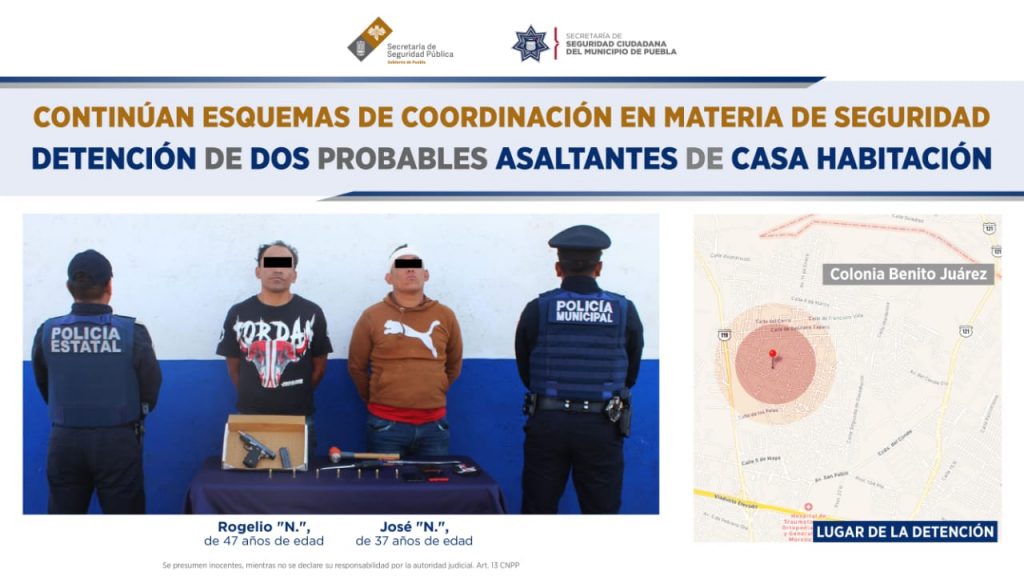 Prevalecen esquemas de coordinación en materia de seguridad!! Detuvieron SSP y SSC de Puebla a dos hombres por robo a casa habitación