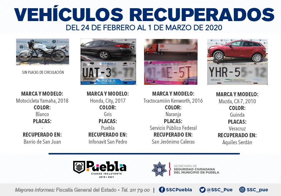 Recuperó policía municipal de Puebla siete vehículos con reporte de robo.