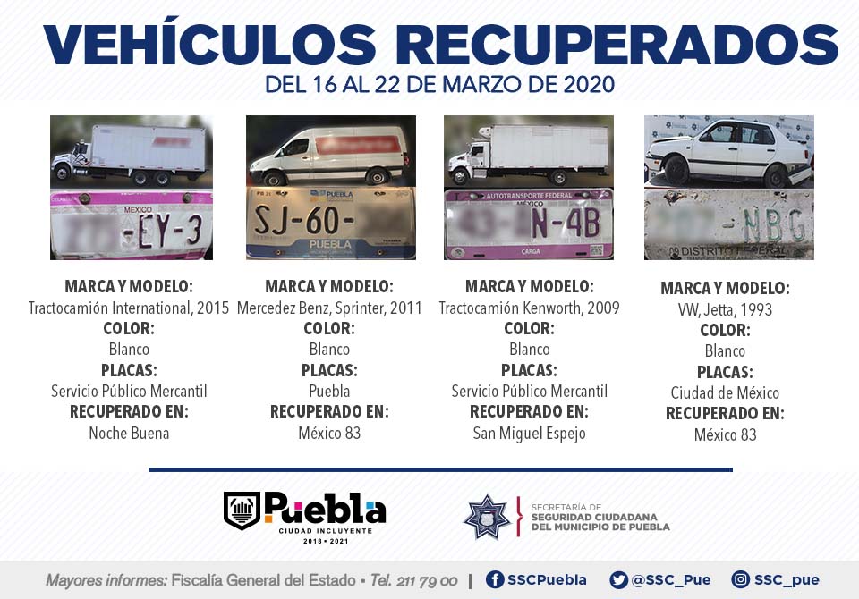 En la tercera semana de marzo, recuperó SSC de Puebla nueve vehículos con reporte de robo.