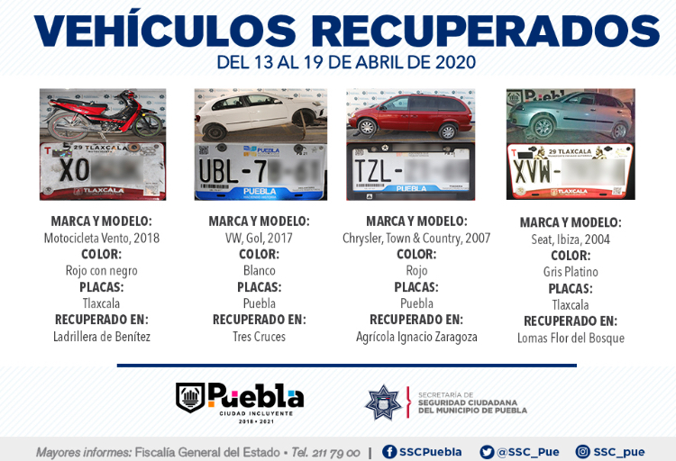 Recuperó Policía Municipal de Puebla siete vehículos con reporte de robo
