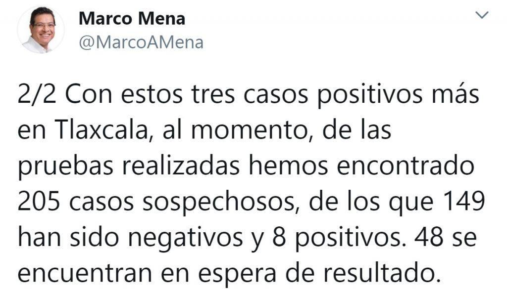 Desde Tlaxcala: Gobernador Mena confirma 3 positivos de coronavirus más en la entidad