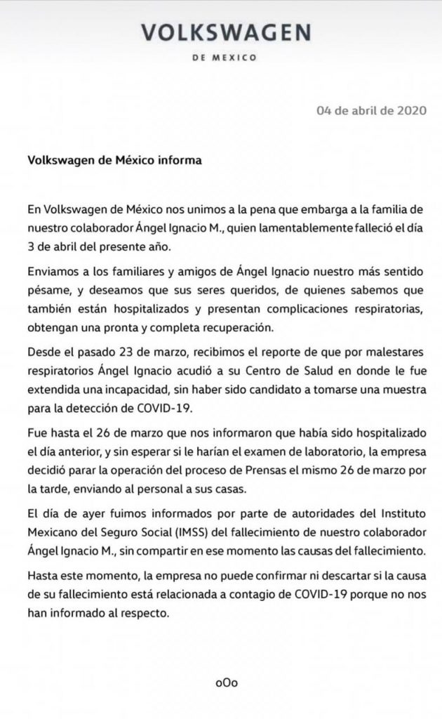 VW alerta que uno de sus trabajadores podría haber muerto por el Covid-19