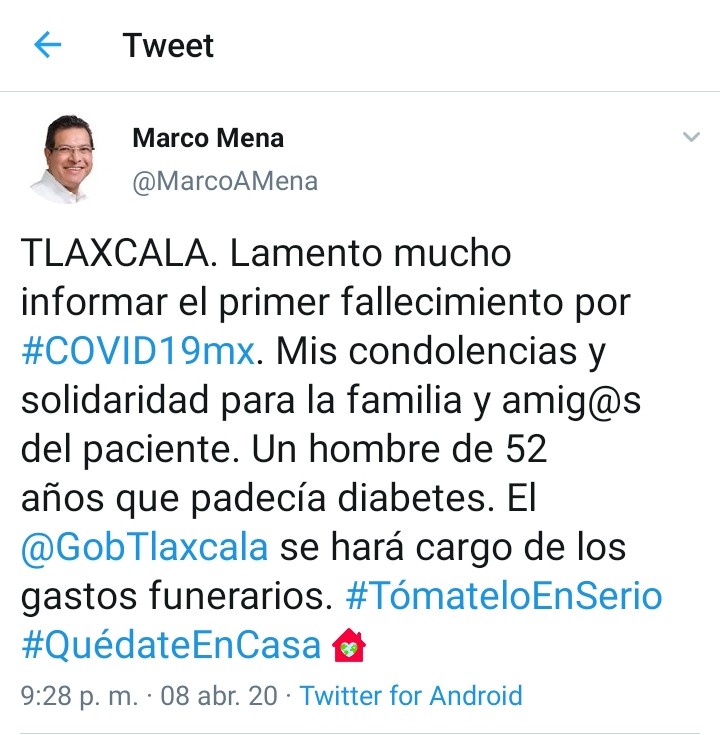 La primer muerte en Tlaxcala por el Covid-19: Marco Mena