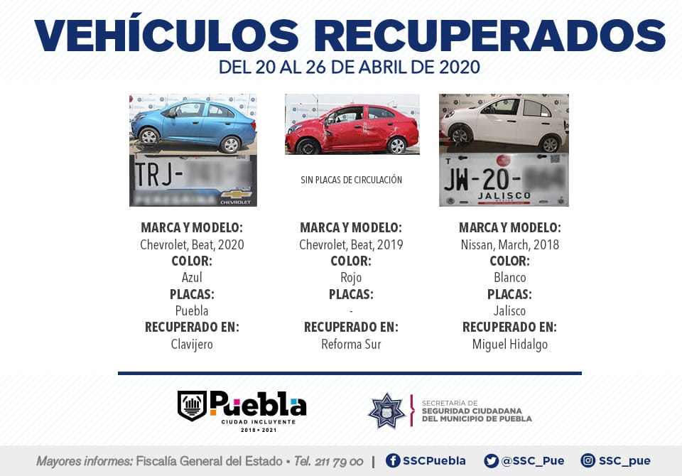 La policía municipal de Puebla recuperó 9 vehículos robados