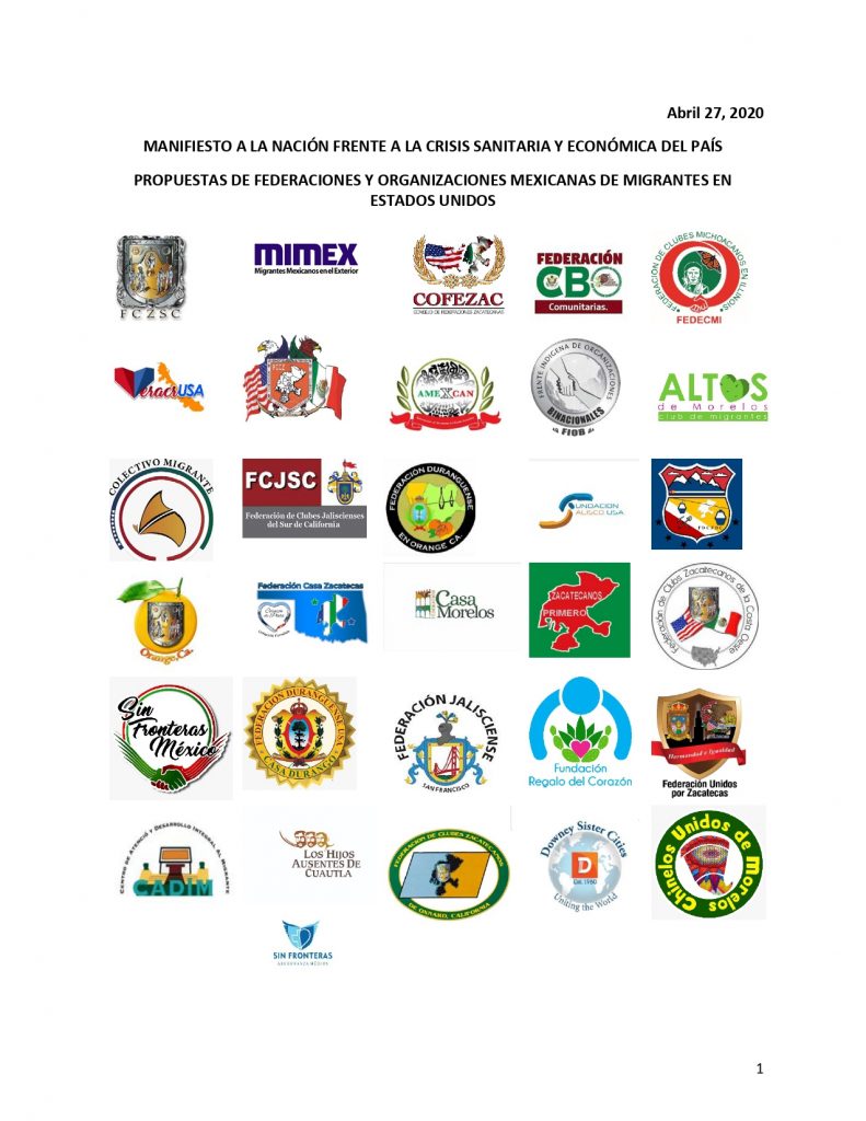 Manifiesto a la nación frente a la crisis sanitaria y económica del país propuestas de federaciones y organizaciones mexicanas de migrantes en Estados Unidos