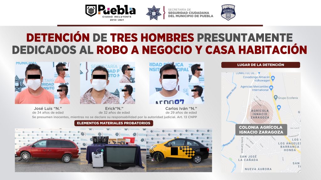 Detuvo policía municipal de Puebla a tres hombres presuntamente dedicados al robo a negocio y casa habitación.