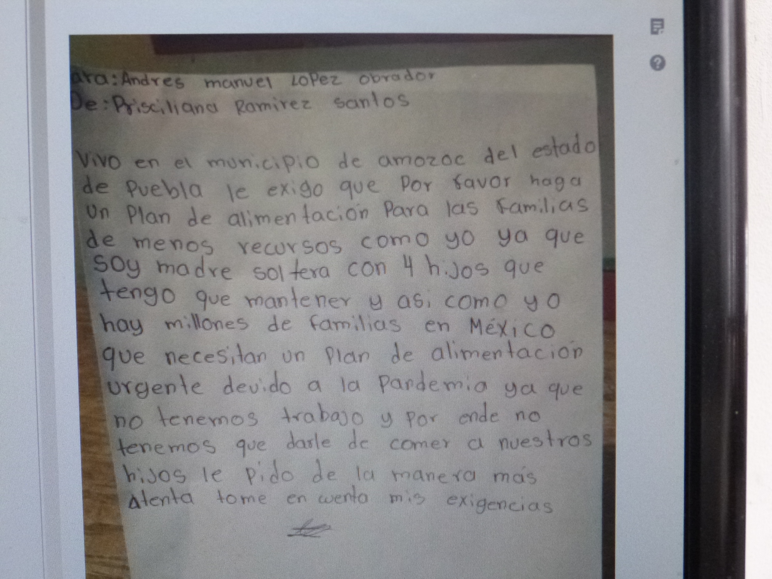 Ciudadana de Amozoc envía carta al presidente Andrés Manuel López Obrador