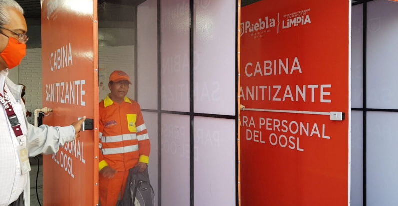 Video desde Puebla: Organismo Operador de Limpia instaló cabina sanitizante para sus trabajadores
