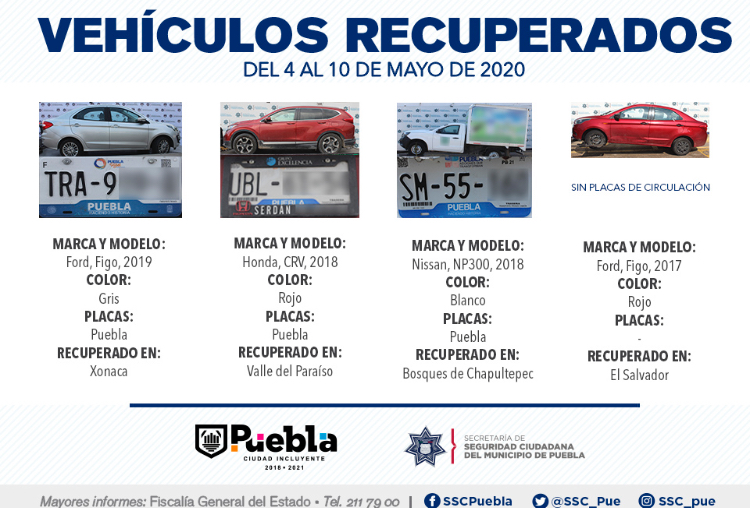Durante primera semana de mayo, recuperó Policía Municipal de Puebla 8 vehículos robados