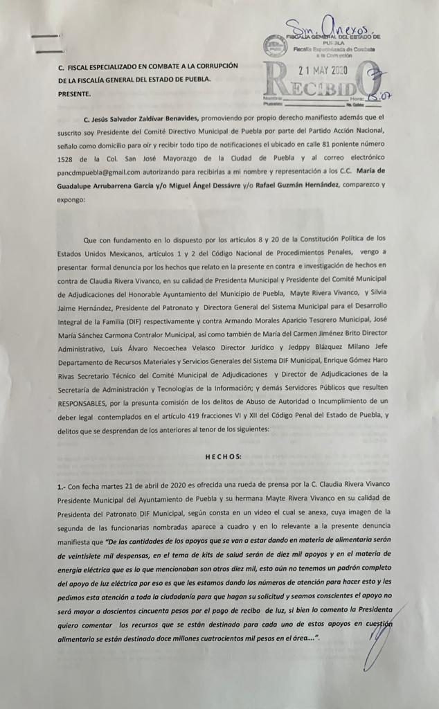 Formaliza PAN municipal denuncia por corrupción contra Claudia Rivera Vivanco y funcionarios cómplices