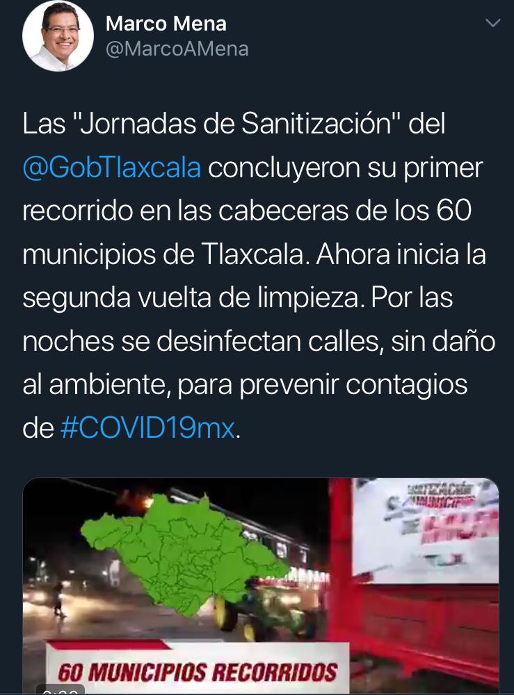 Gobierno de Tlaxcala concluye primer recorrido de Jornadas de Sanitización en 60 municipios y comenzará el segundo, informó Marco Mena
