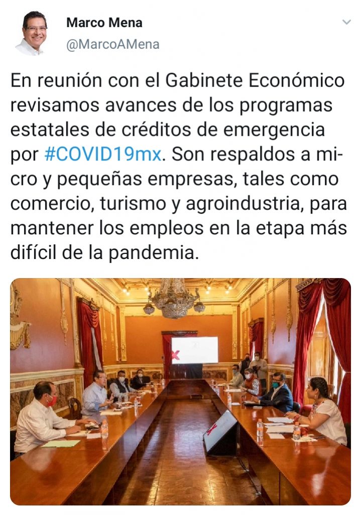 Marco Mena revisa con su gabinete económico las acciones en Tlaxcala ante el covid-19