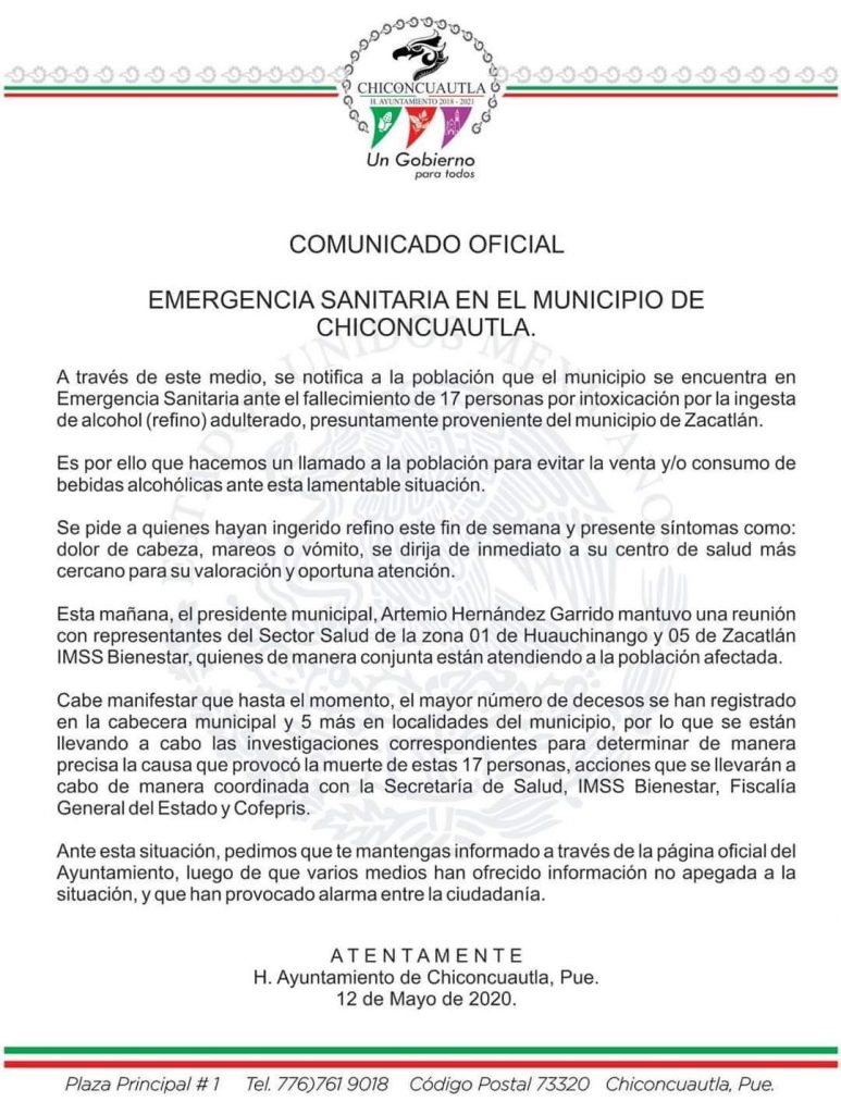 Ayuntamiento de Chiconcuautla confirma muerte de 17 personas por beber alcohol adulterado