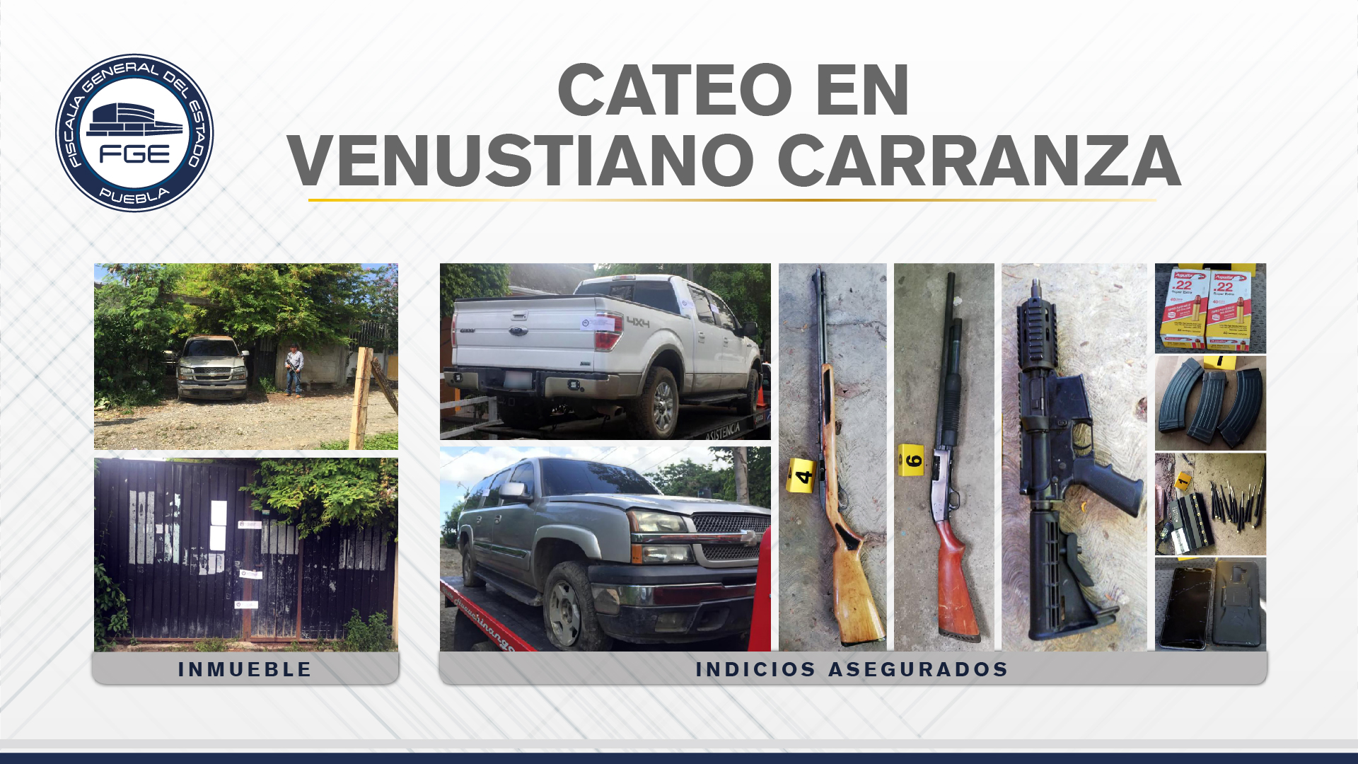 En V. Carranza, FGE aseguró armas, camionetas y un inhibidor de señal
