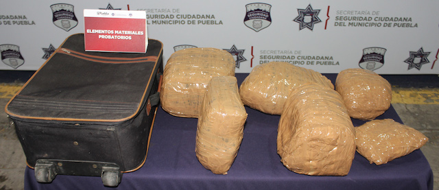 Detuvo policía municipal de Puebla a hombre en posesión de seis kilogramos, aproximadamente, de posible marihuana