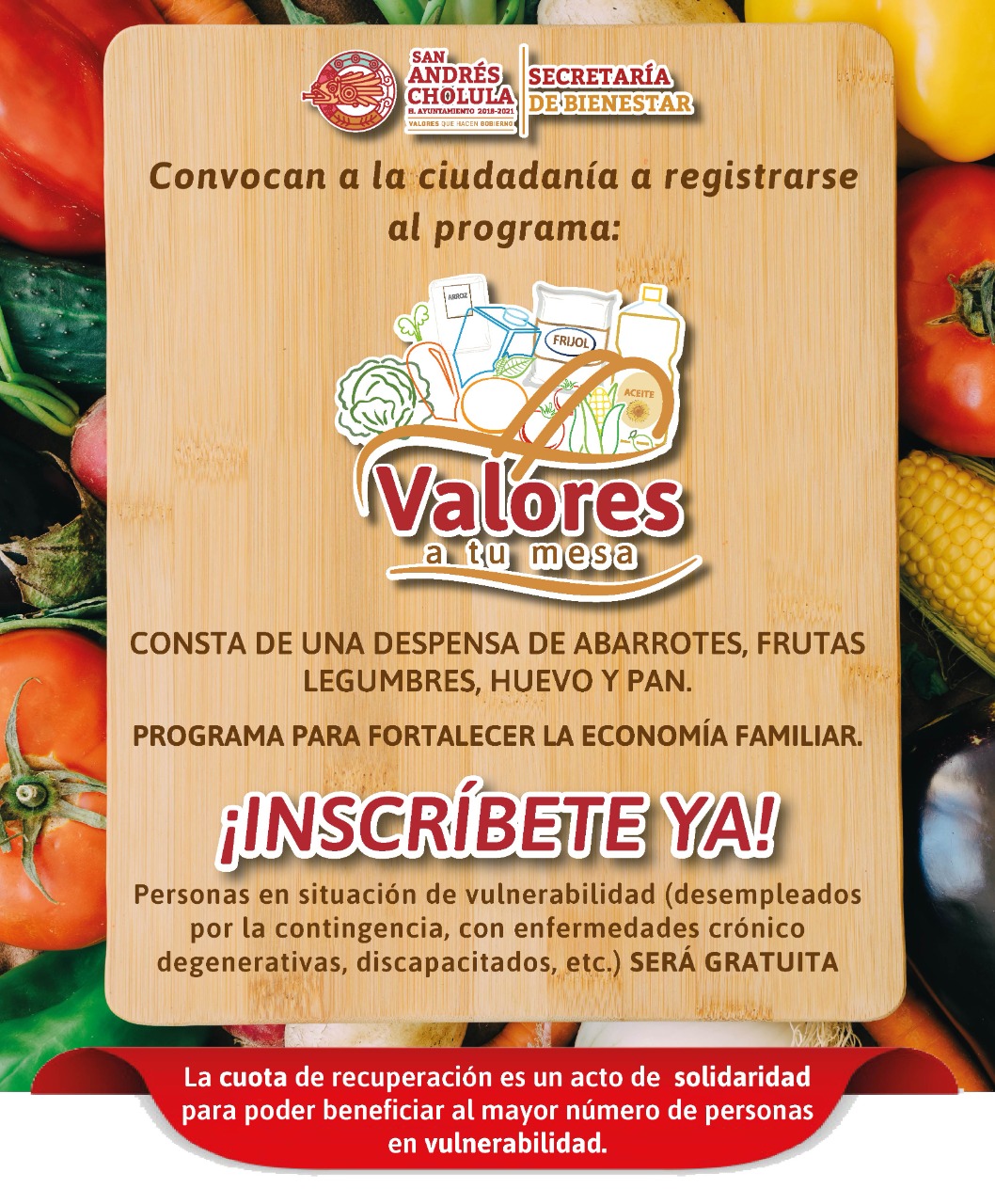 Ayuntamiento de San Andrés Cholula abre la segunda convocatoria de “Valores a Tu Mesa” para apoyar a las familias más necesitadas