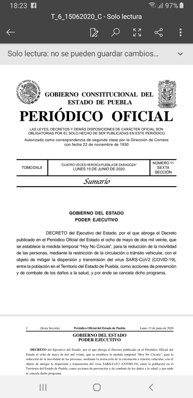 Fotonota: Gobierno estatal publica decreto que anula formalmente el programa Hoy no Circula