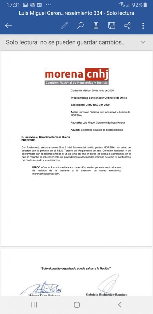 Dirigencia nacional de Morena rechaza procedimiento contra el gobernador Barbosa