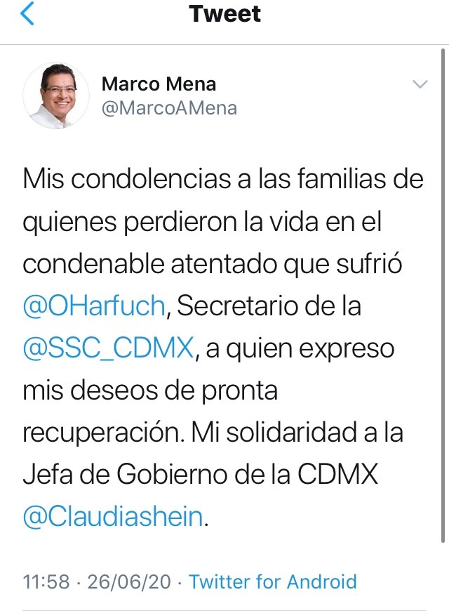 El gobernador de Tlaxcala condena el atentado contra Omar García y envía condolencias a familiares de las víctimas