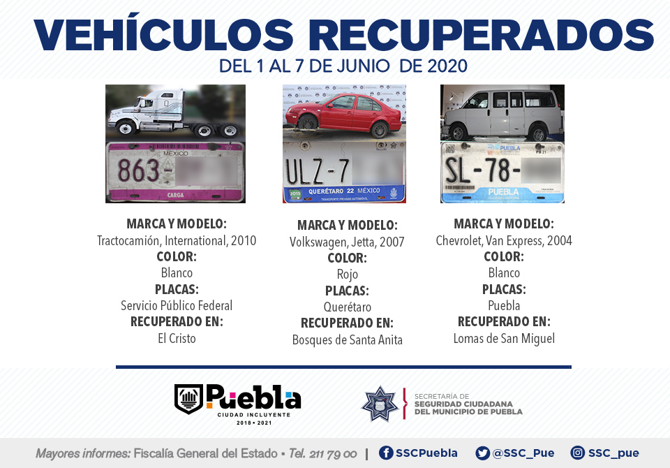 Durante la primera semana de junio, recuperó policía municipal de Puebla siete vehículos con reporte de robo.