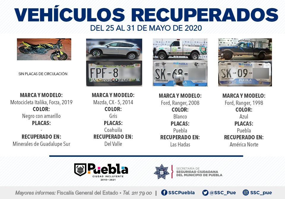 En la última semana de mayo, remitió Policía Municipal de Puebla 11 vehículos ante el agente del Ministerio Público.