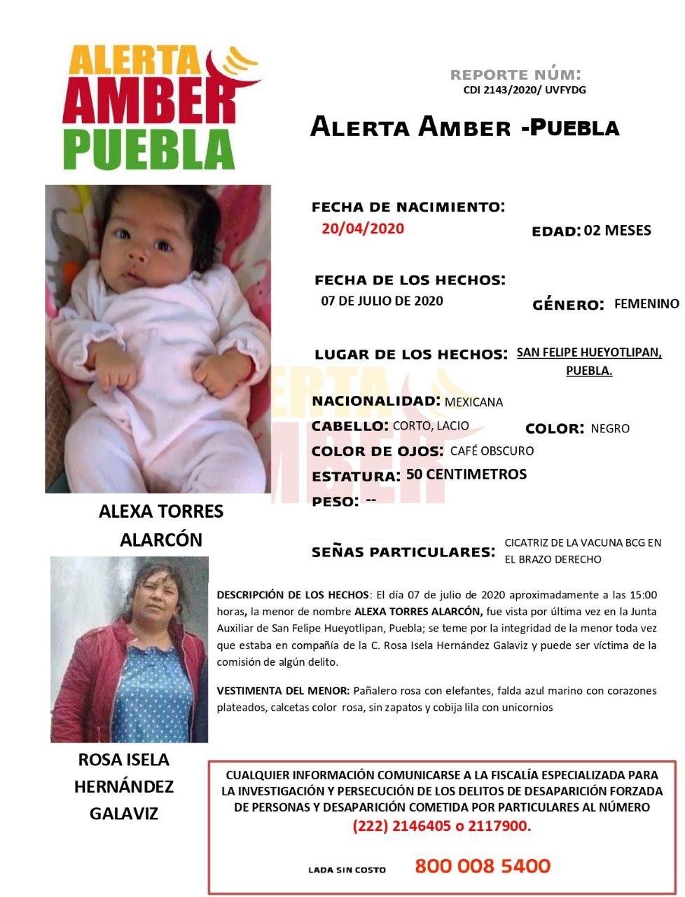 Fiscalía de Puebla activa Alerta Amber para localizar a bebé de 2 meses de edad