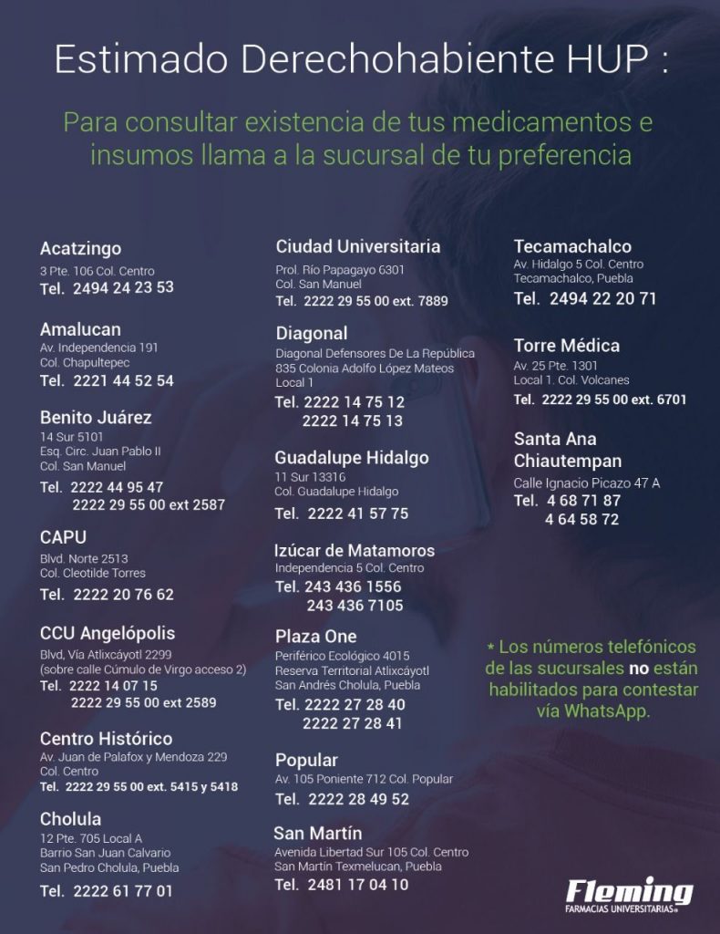 BUAP pide a beneficiarios del HUP evitar aglomeraciones mediante las consultas telefónicas en Farmacias Alexander Fleming