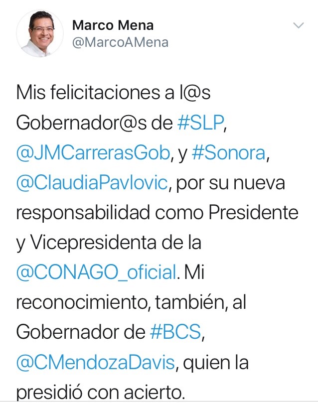 Marco Mena felicita a gobernadores de San Luis Potosí y Sonora por asumir representación de la Conago