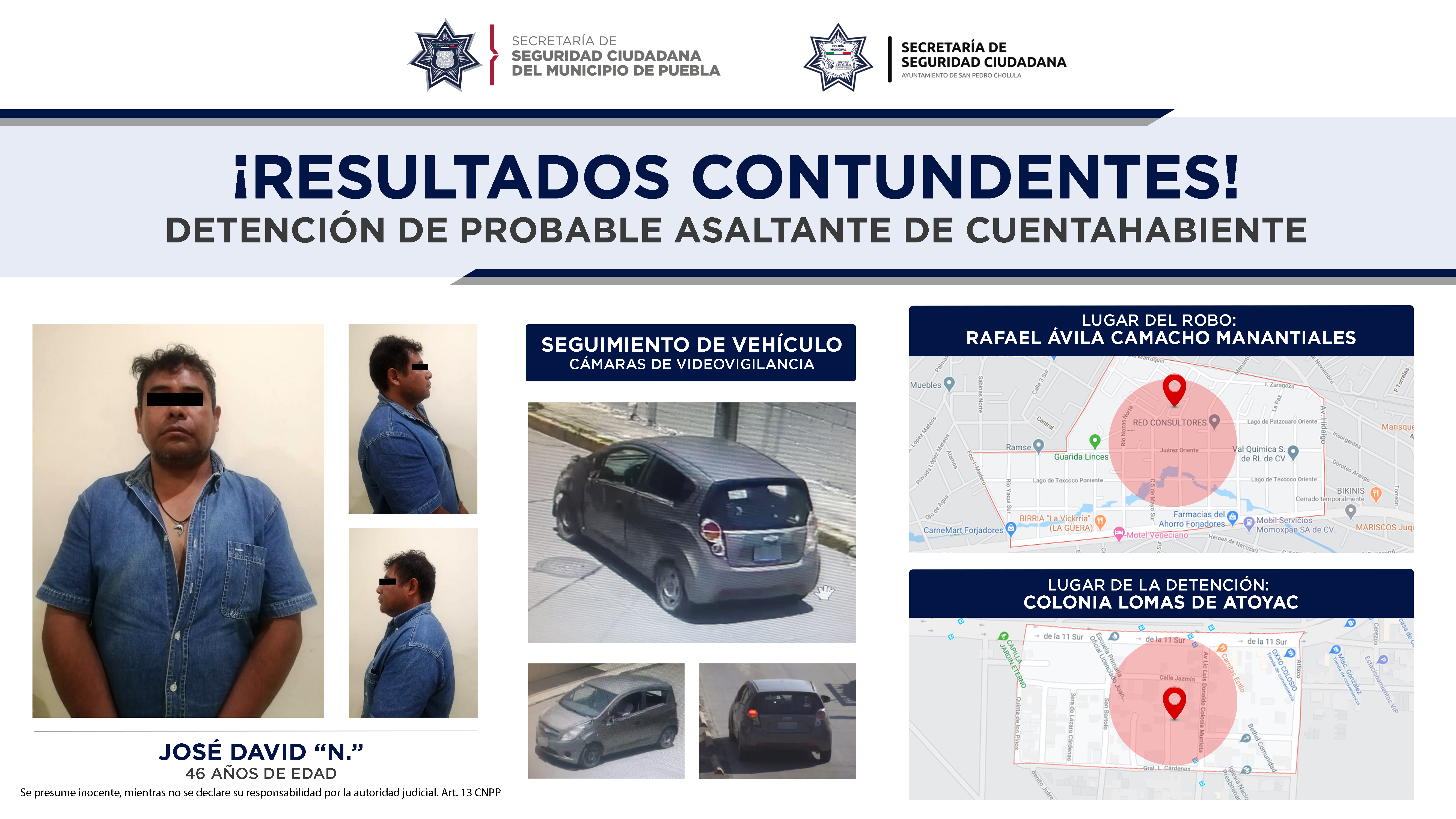 Detuvieron Policías Municipales de Puebla y San Pedro Cholula a probable asaltante de cuentahabiente. 