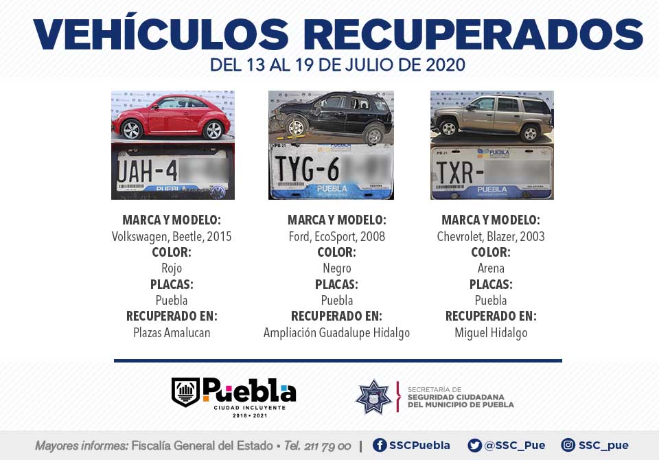 Del 13 al 19 de julio, recuperó Policía Municipal de Puebla nueve vehículos robados.