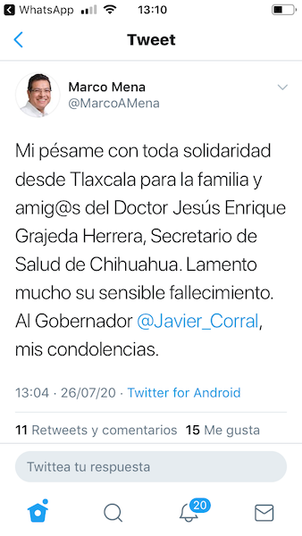 Gobernador de Tlaxcala manda condolencias tras la muerte de Jesús Enrique Grajeda Herrera, Secretario de Salud de Chihuahua