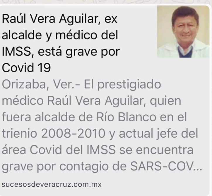 Raúl Vera Aguilar, un médico más que se enferma de Coronavirus al atender pacientes