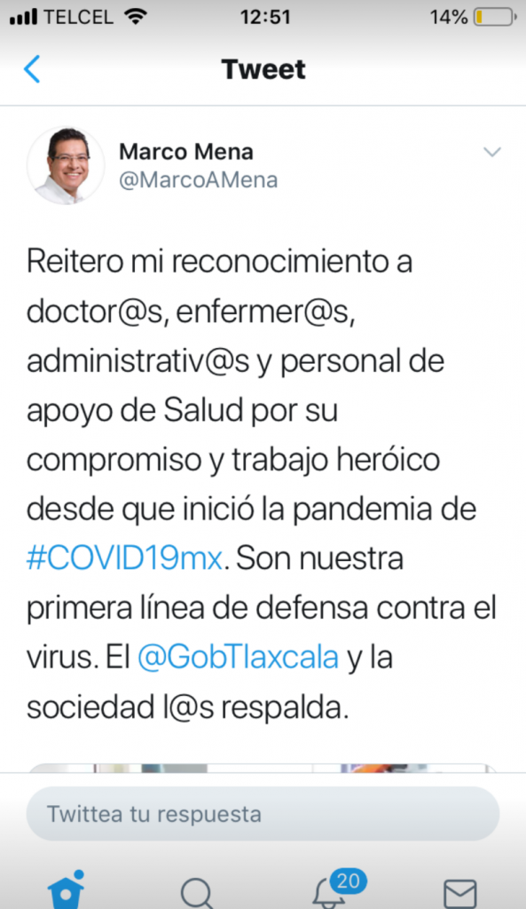 Video desde Tlaxcala: Gobernador Marco Mena reitera reconocimiento al sector médico ante la pandemia covid-19