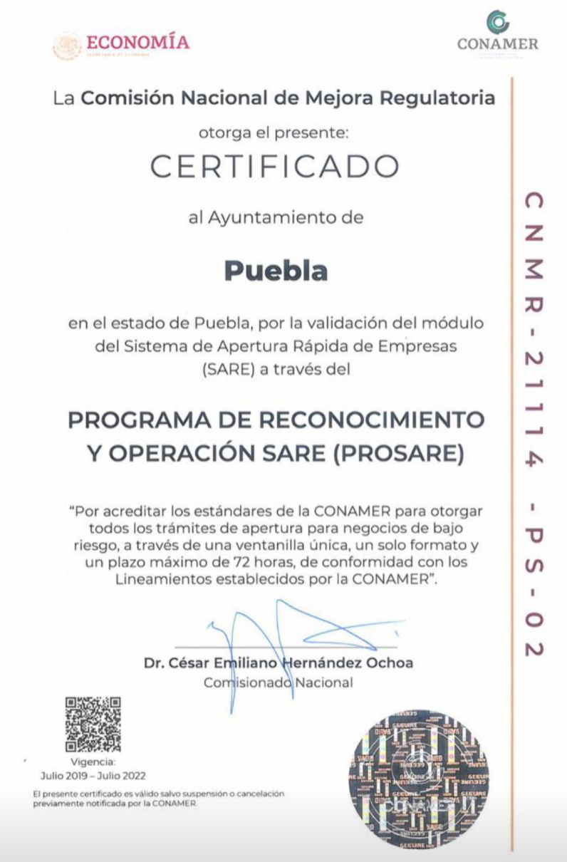 Recibe Ayuntamiento de Puebla certificado para apertura rápida de empresas
