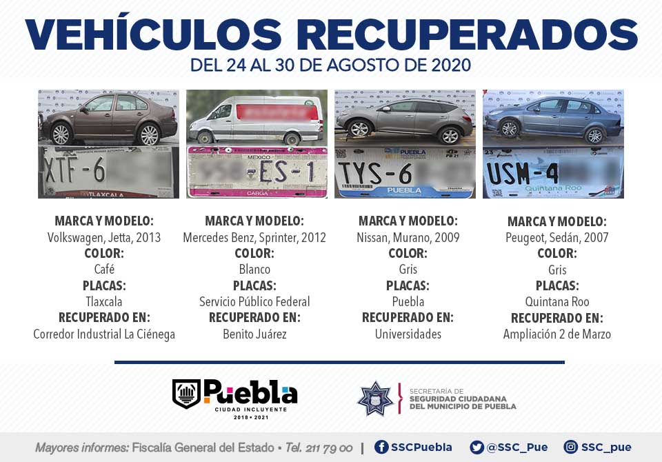 Recuperó policía municipal de Puebla una docena de automóviles robados.