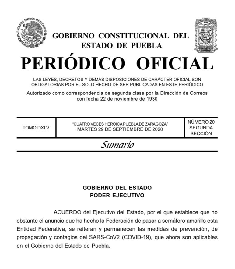 Gobernador Barbosa publica decreto para señalar que Puebla mantendrá medidas sanitarias inherentes al color naranja en el semáforo epidemiológico