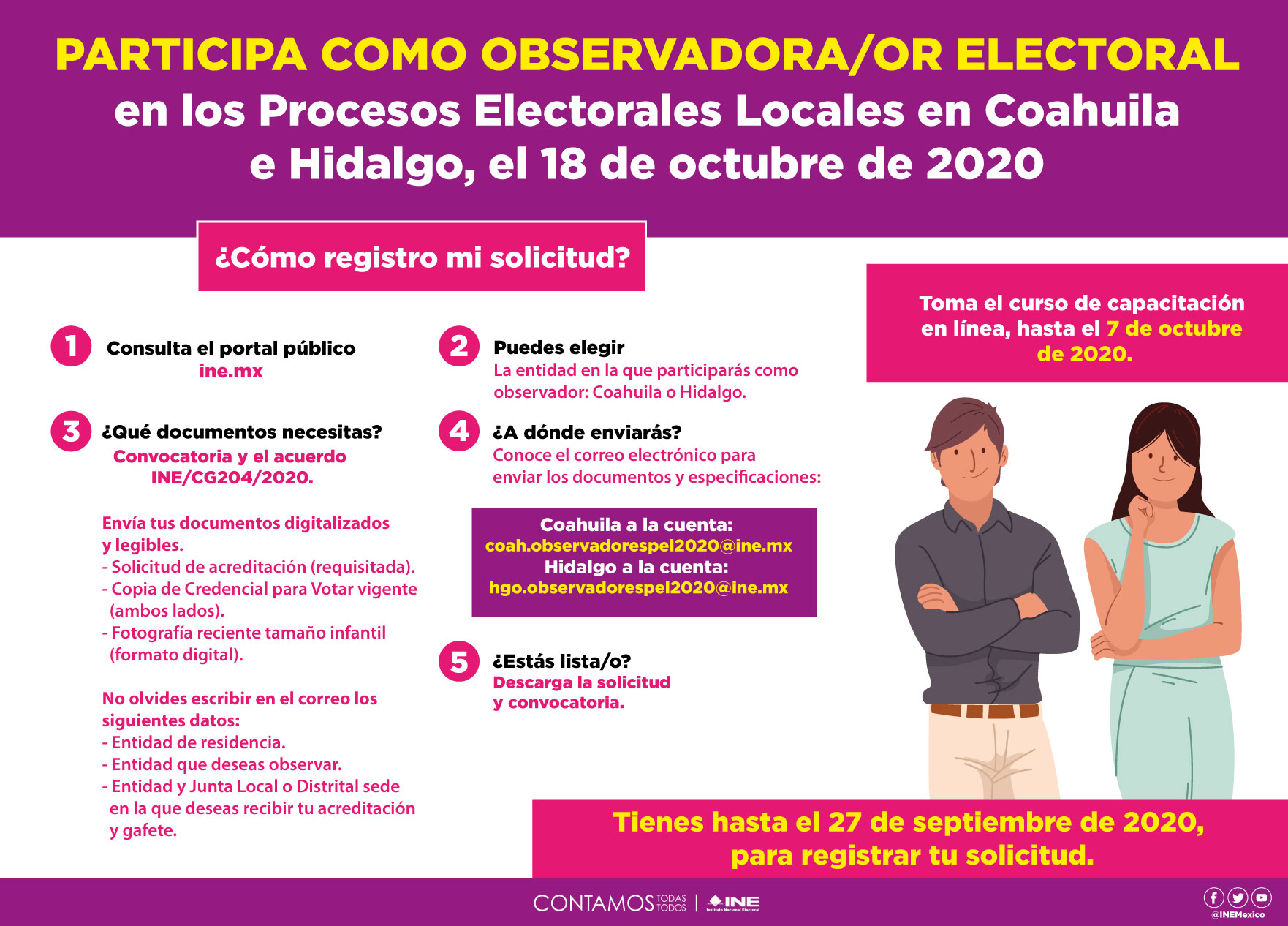 Invita INE a la ciudadanía a ser observadores en las elecciones locales de Hidalgo y Coahuila