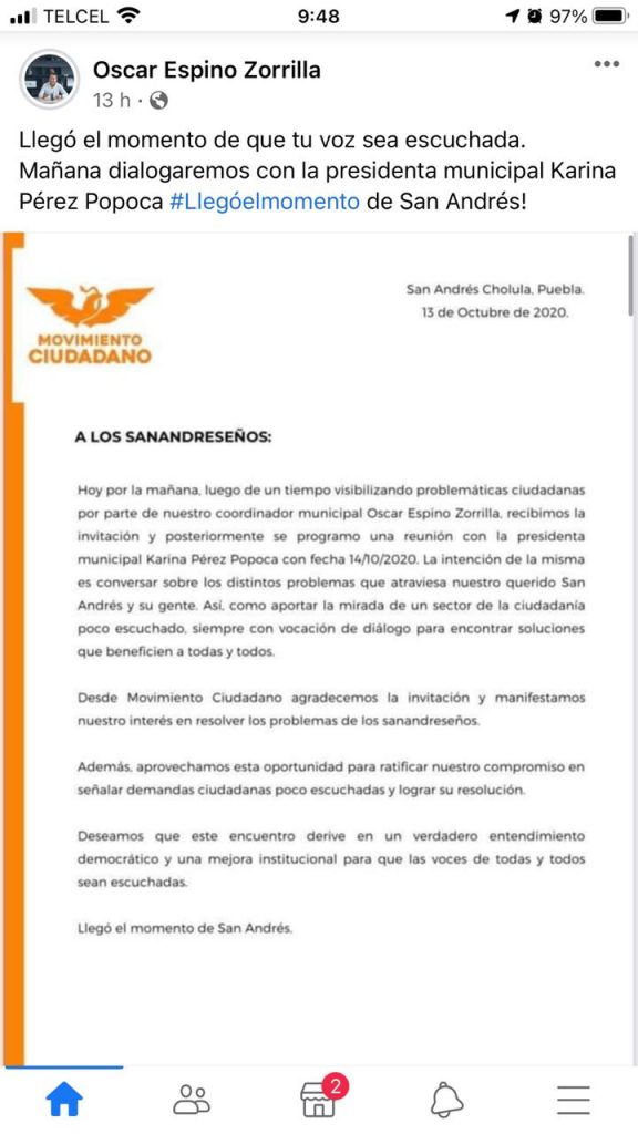Desde San Andrés Cholula: Karina Pérez recibió a miembros de Movimiento Ciudadano