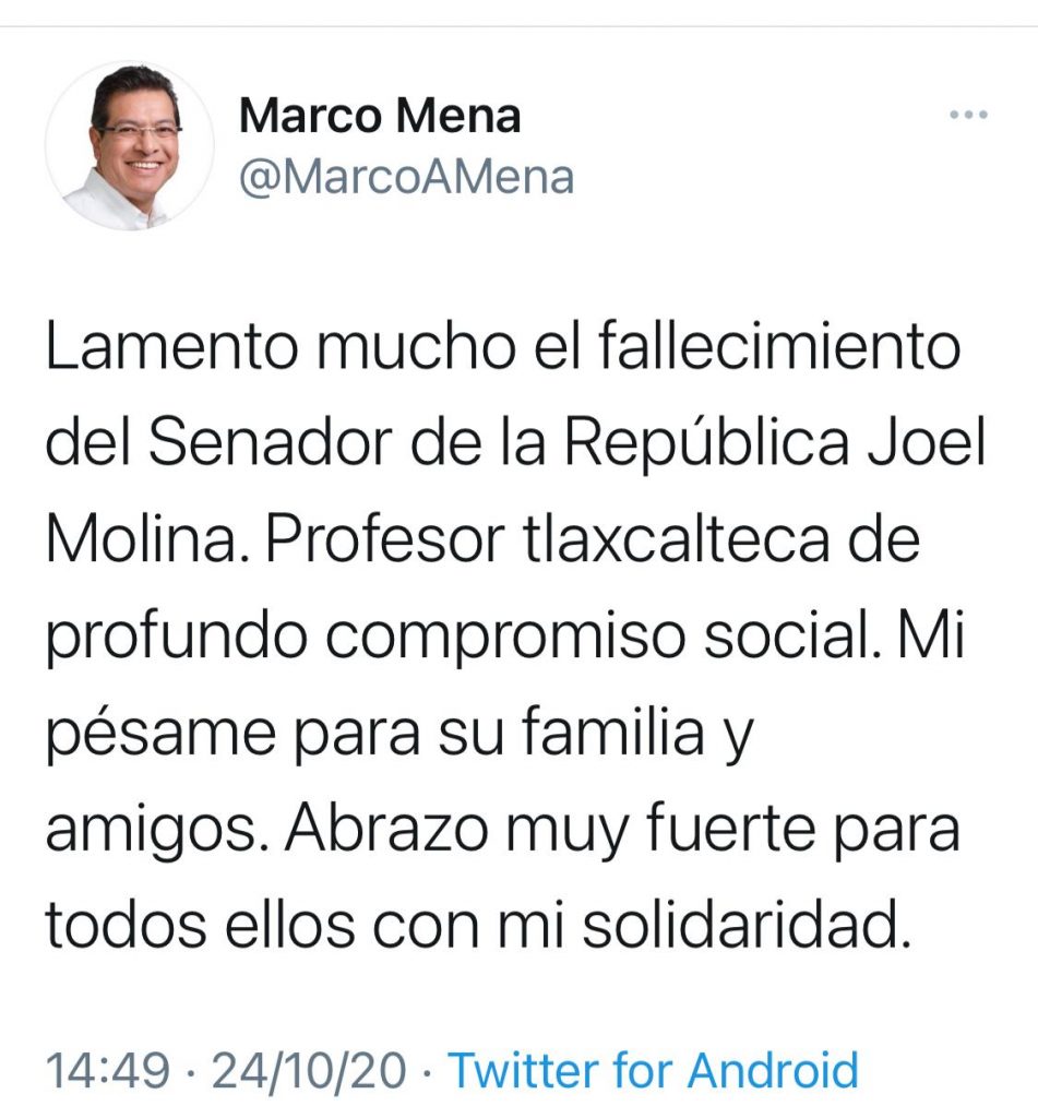 Desde Tlaxcala: Marco Mena lamenta fallecimiento del senador Joel Molina