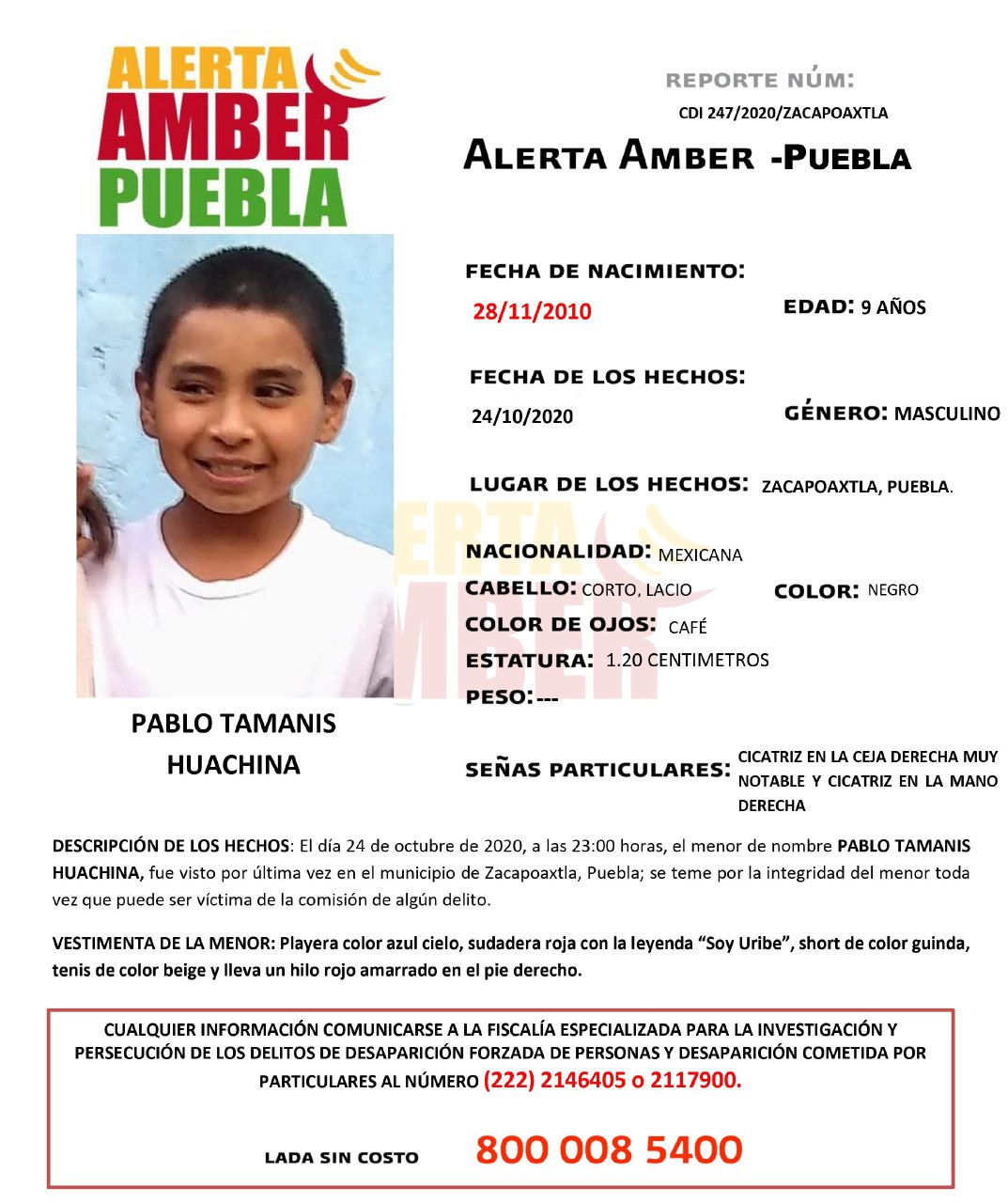 FGE Puebla activa Alerta Amber para localizar a menor de 9 años de edad