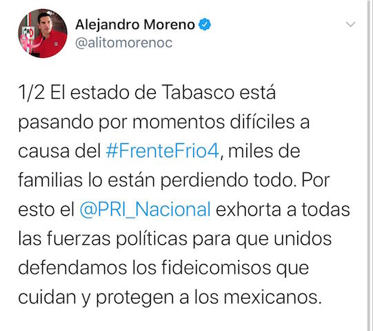 Ante pérdidas en Tabasco, exhorta Alejandro Moreno a defender fondos y fideicomisos